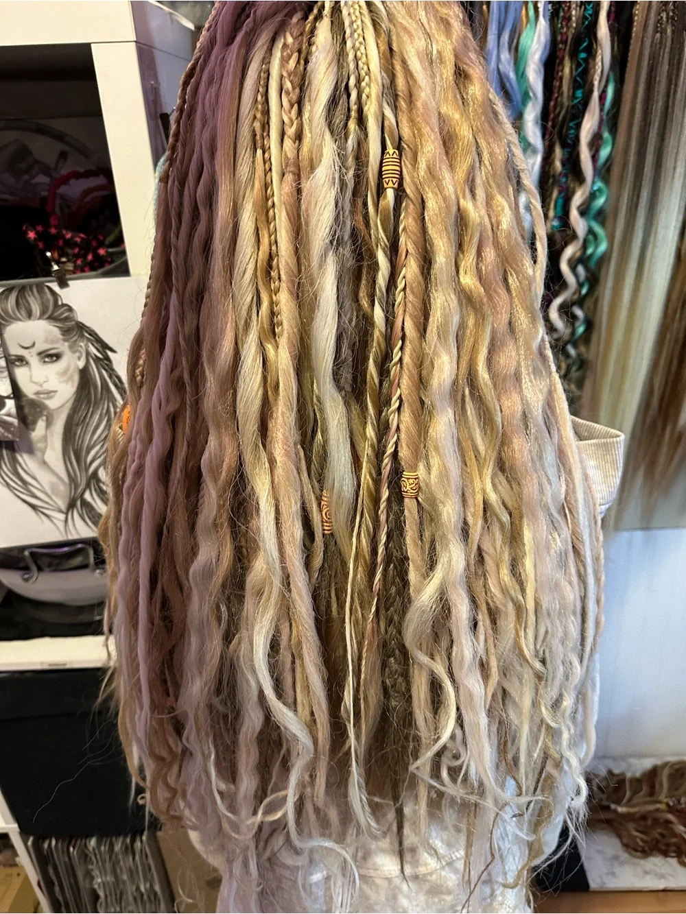 Boho Blonde Synthetic Dreadlock Hairpiece with Beads & Feathers - Picture 14 of 17
